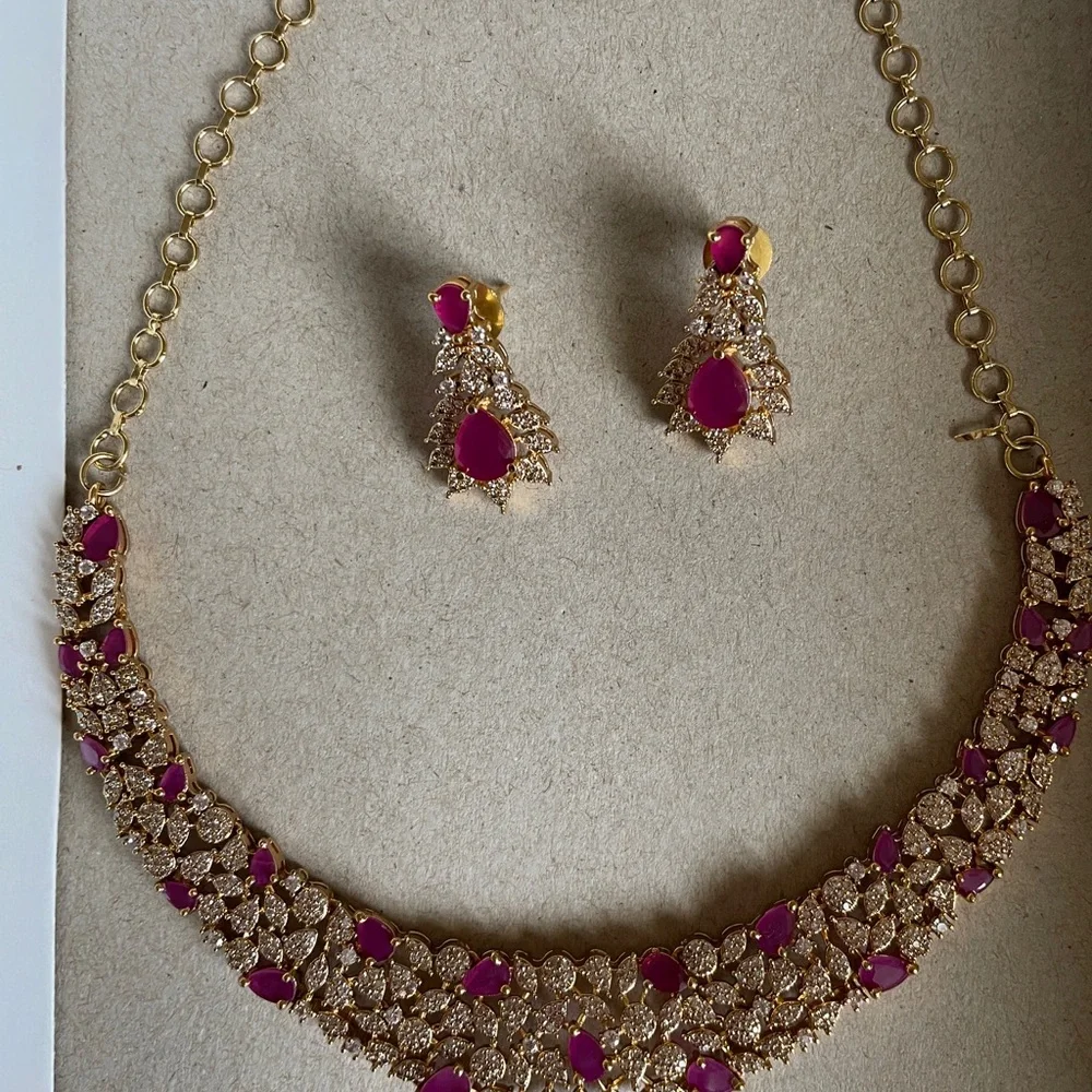Gold-Tone Necklace & Earring Set with Pink Gem Accents